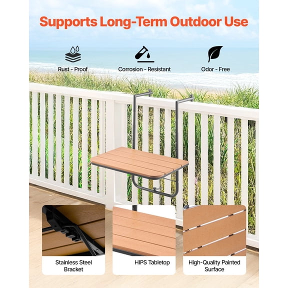 Balcony Hanging Table for Outdoor Railing, 25 x 24 Inch Adjustable Patio Bar Table, Portable Deck & Porch Mounted Stand