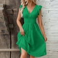 thumbnail image 2 of Summer Dresses for Women Party Outfit V Neck Ruffle Fly Sleeve Casual Eyelet Button Up Smocked Knee Length Dress (M, Green), 2 of 7