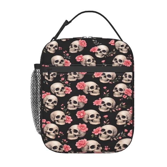 Skull Flower Lunch Bag Reusable Thermal Lunch Tote with Handle for Women and Men
