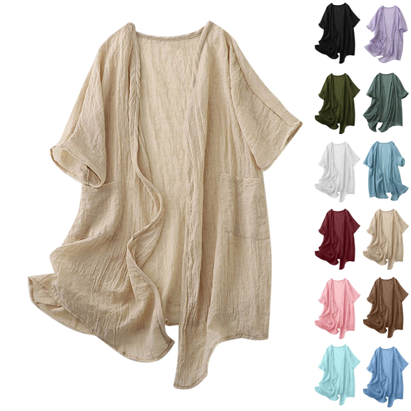 UVEASISHA Cotton Linen Cardigan for Women Open Front Kimonos Lightweight Half Sleeve Cardigans Summer Beach Cover Ups with Pockets Wine L