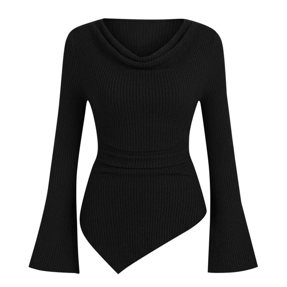 Lmueinov Womens Long Flare Sleeve Shirts Ribbed Knit Cowl Neck Tops for Women Off Shoulder Tops with Asymmetrical Hem Slim Fit Casual Dressy Blouses