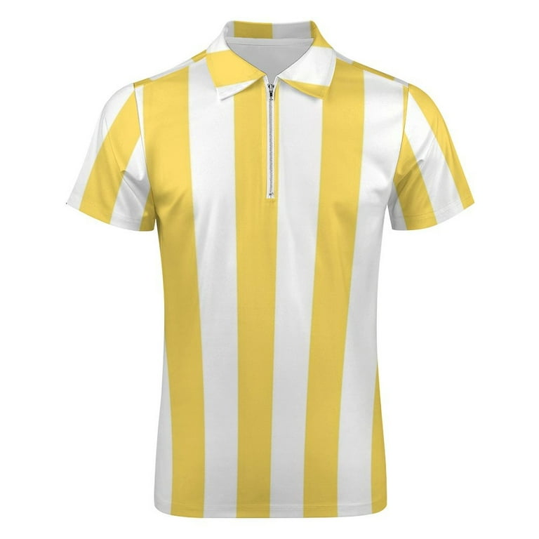 Yellow And White Vertical Stripes Men Zipper T-shirt Summer Casual