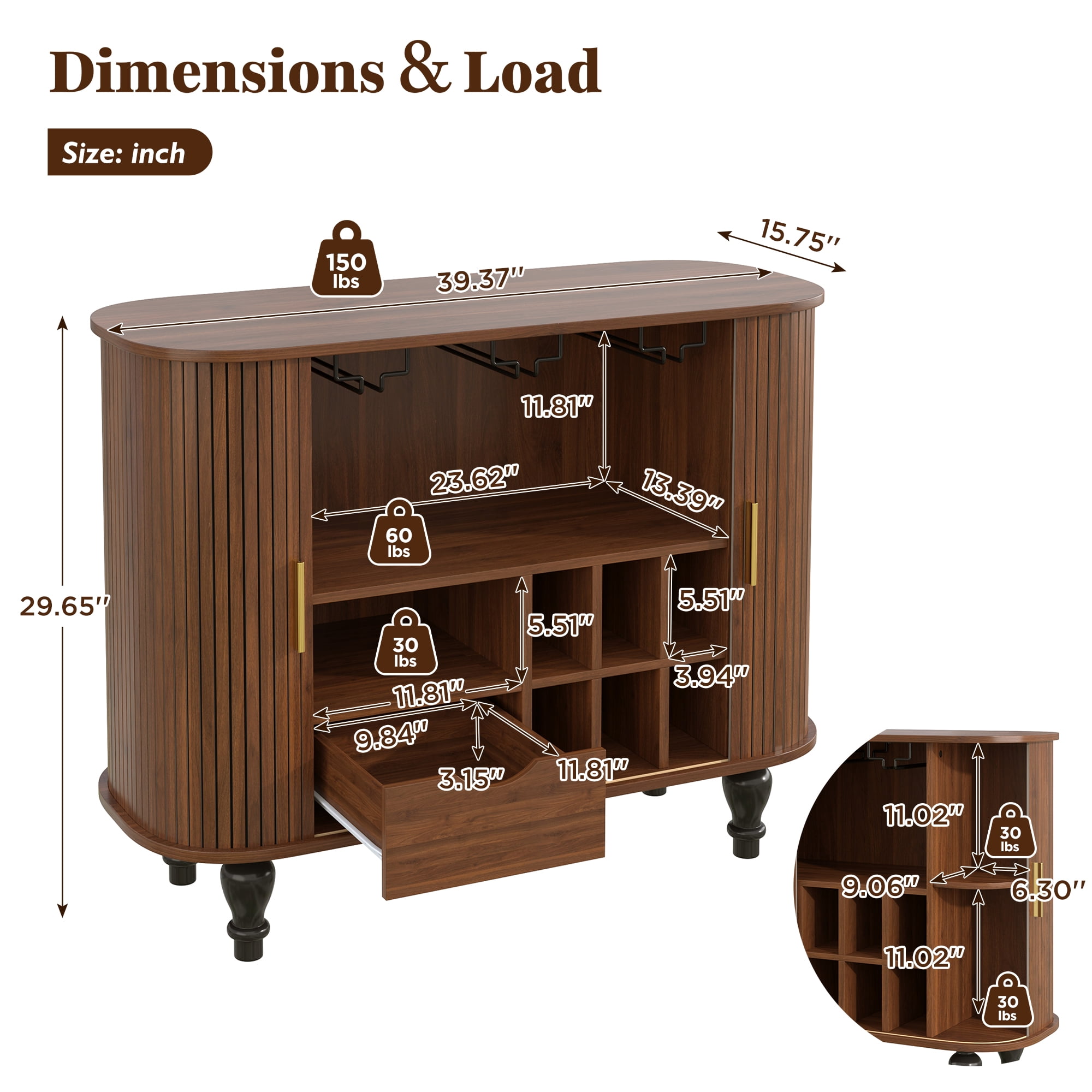 avobird 39" Fluted Liquor & Coffee Bar Cabinet with 6 Wine Racks and 3 Glass Holders, Mid-Century Modern Bar Cabinet with A Large Storage Drawer ,4 Hidden Storage Space on the Side , Walnut