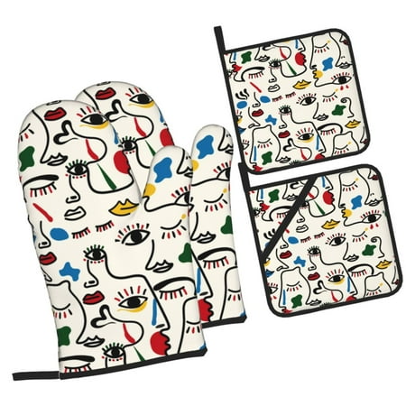 

Daiia Aabstract Eyes Pattern Oven Mitts and Pot Holders 4 pcs Set High Heat Resistant 500 Degree Extra Thicken Long Kitchen Cotton Oven Glove
