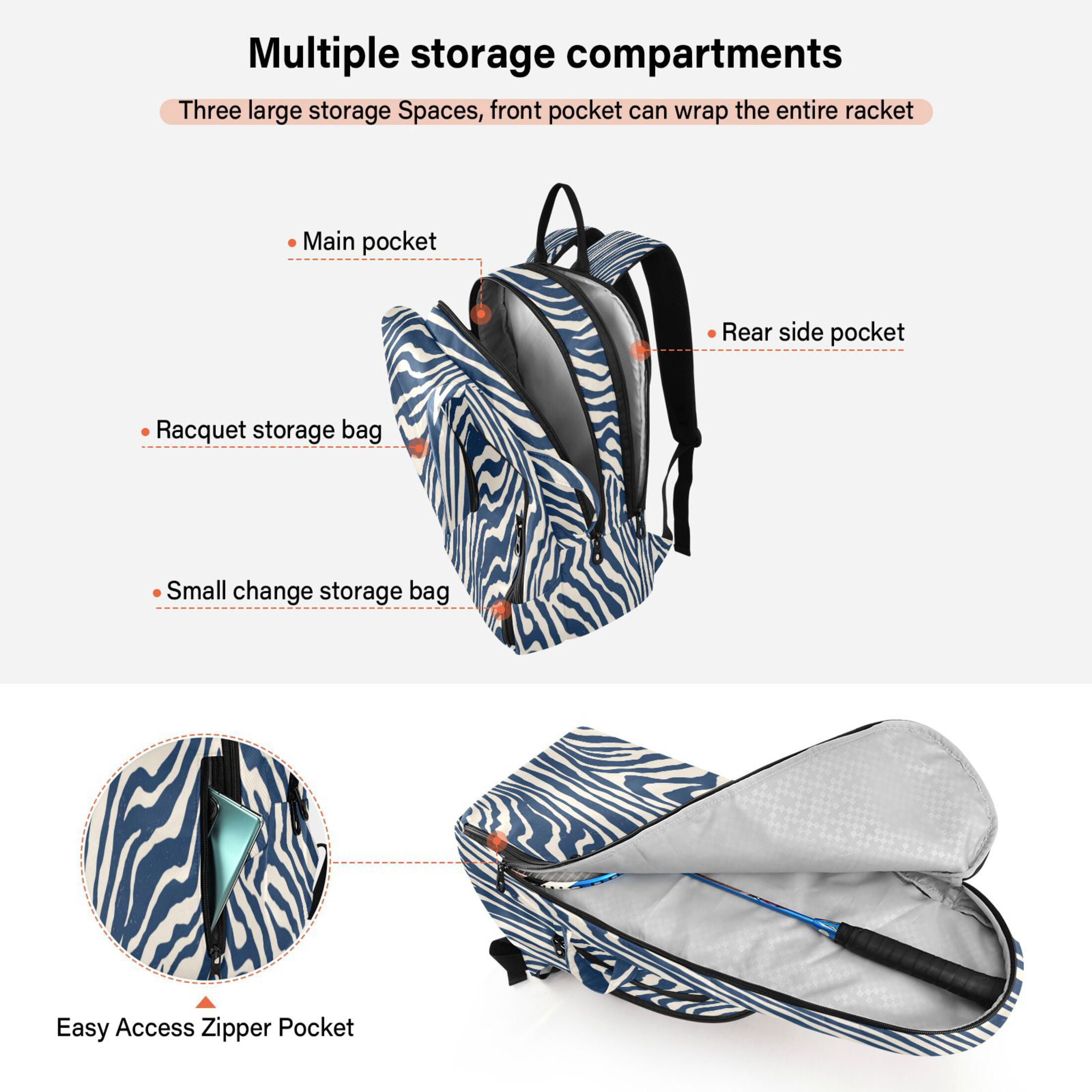 2 Racquet Holder Tennis Backpack Tennis Racket Covers Gym Bags Digital Blue Zebra Stripes
