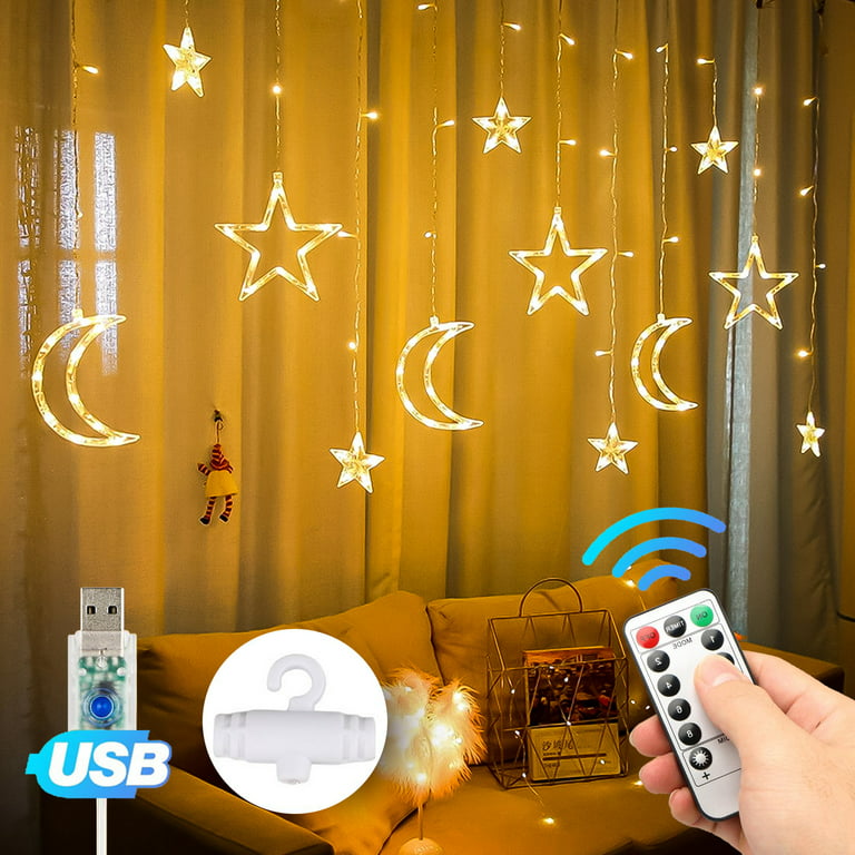 Fairy Lights Remote Control Hanging Star and Moon Lights with 138 LEDs The Holiday Aisle