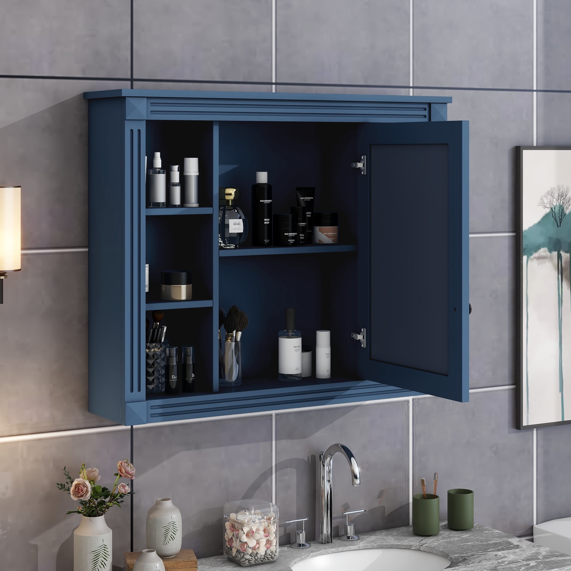 Aukfa Wall Mounted Bathroom Storage Cabinet,Medicine Cabinet with Mirror - Blue