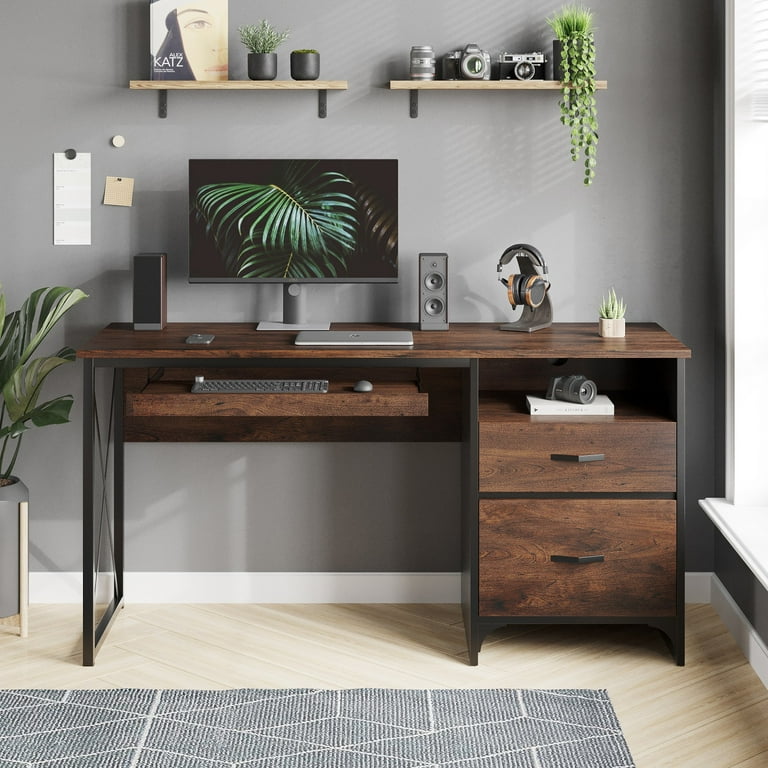 Bestier 55 inch Computer Desk with Storage Drawers Keyboard Tray File Drawer Home Office Desk Cherry