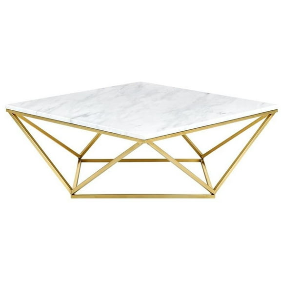 Pemberly Row Contemporary Stone Coffee Table in Gold with Stainless Steel Base