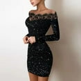 thumbnail image 6 of Women's Off-the-shoulder Sequined Lace Trim Slim Party Long Sleeve Ruffled Club Dress, 6 of 9