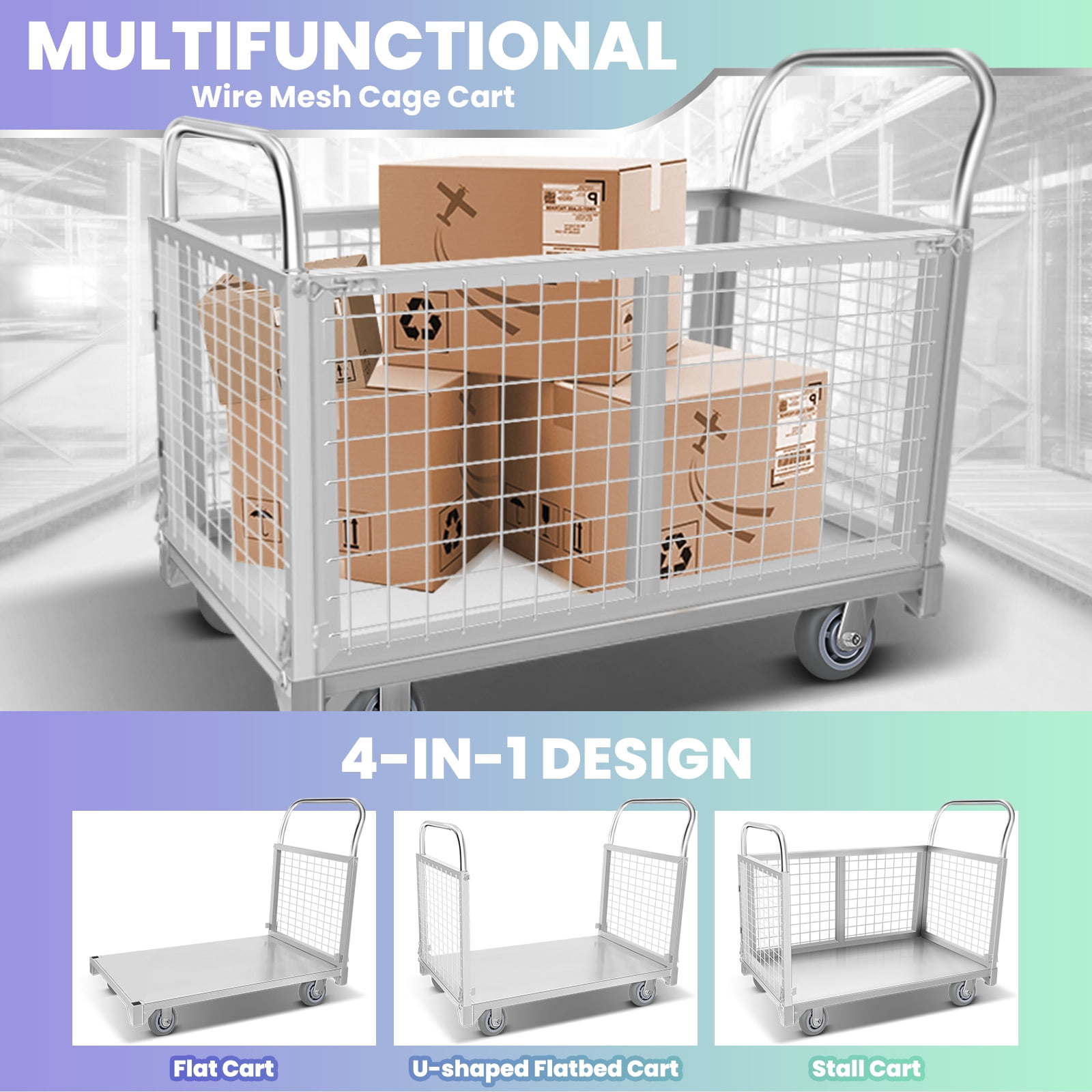 Platform Truck Cart with Cage, 40.1" L X 23.2" W X 19.6" H, 2200 LBS Load Capacity, Hand Truck with 4 Durable Universal Wheels, Alloy Steel Push Cart for Moving, Kitchen, Backyard, Farm