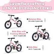Meghna 14 inch Kids Balance Bike 2 in 1 Kids Bike Bicycle Detachable Training Wheels Dual Brake for 3-7 Years Old Toldders Pink