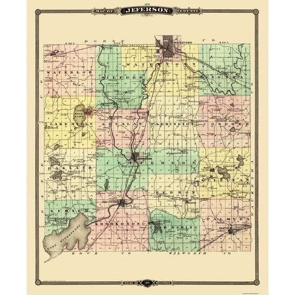 Historic County Map - Jefferson County Wisconsin - Snyder 1878 - 23 x 28 - Vintage Wall Art