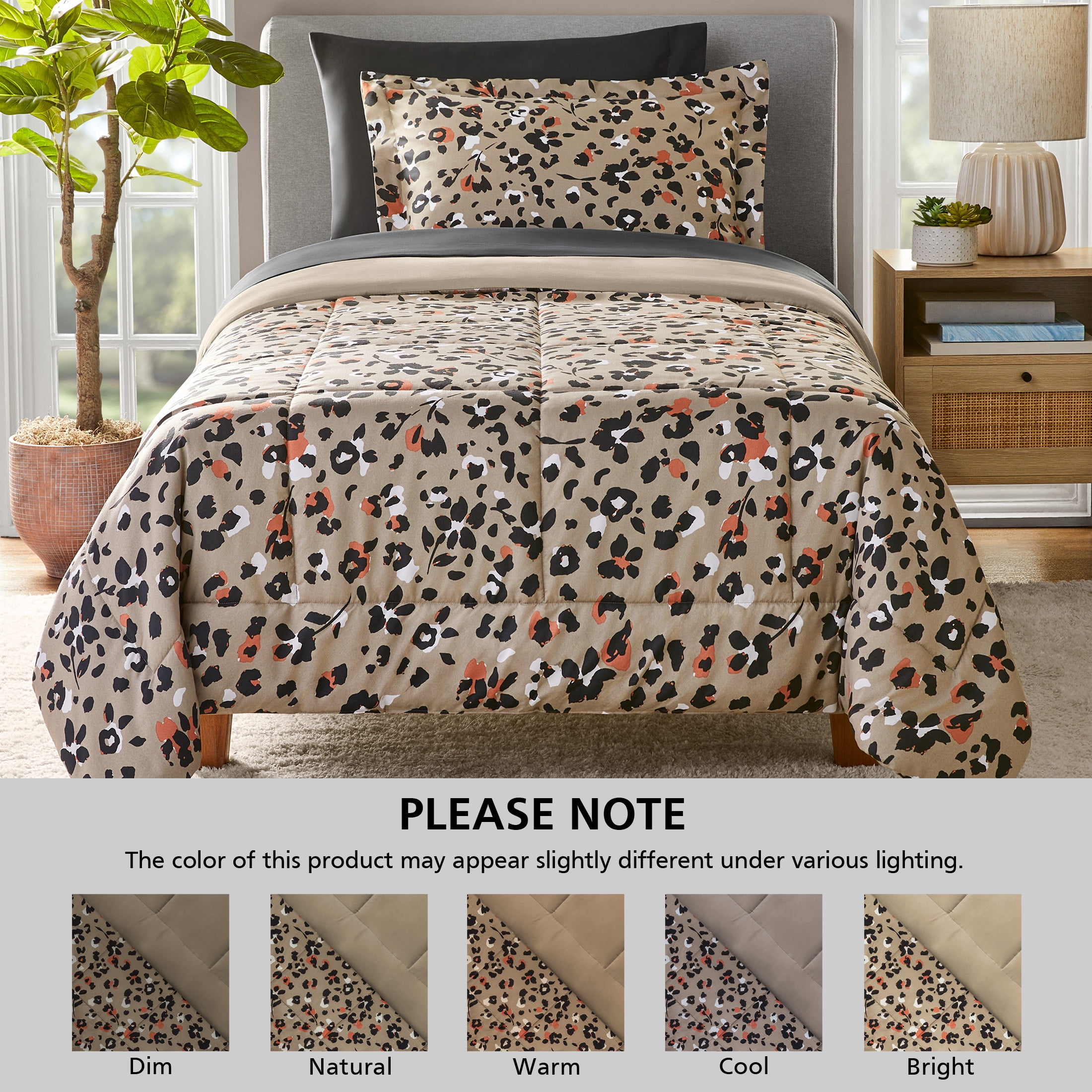 Mainstays 5-Piece Reversible Bed in a Bag Comforter Set with Sheets, Beige Animal Print