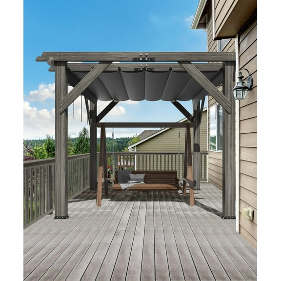TROPOW 10'X 10' Cedar Wood Pergola with Solid Structure, Retractable Shade Canopy, Durable, Rot Resistant, Patio Pergola for Backyard, Deck, Garden, Outdoor Entertaining