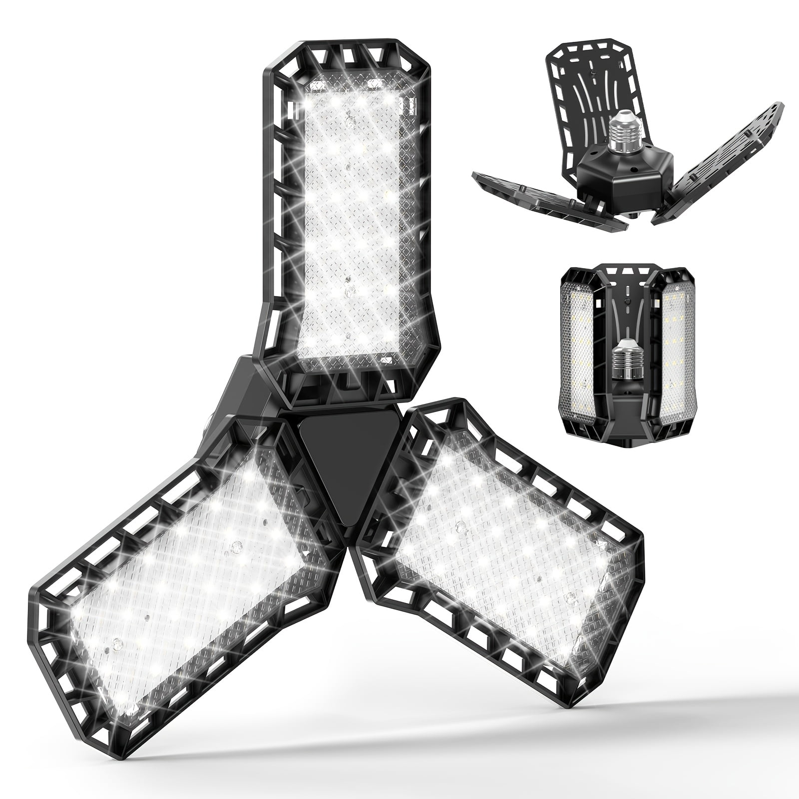2 Pack LED Garage Light with E27 Base, 5000K Daylight, 10000LM, Deformable 3 Panels,144LED Linkable Shop Light for Garage, Workshop, Basement