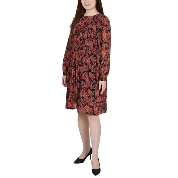 NY Collection Petite Long Sleeve Pleated Dress Black Paisley PXL