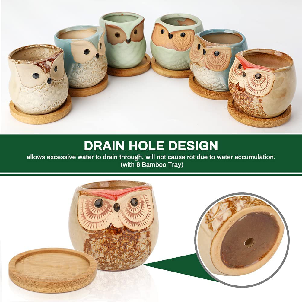 Little Ceramic Succulent Pots with a Hole 6 Pcs 2.5 Inches Owl Pots with Bamboo 