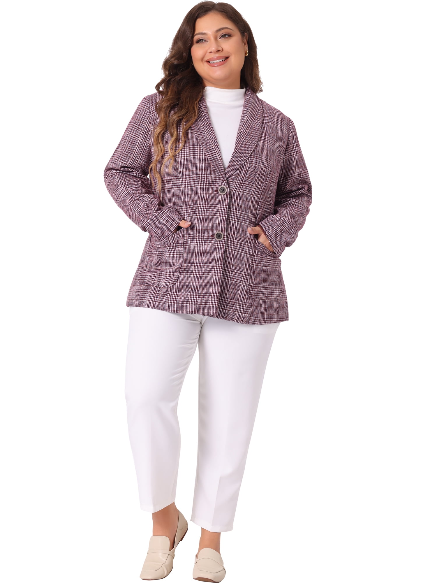 DARING DIVA Women's Plus Plaid Lapel Jacket Work Single Breasted Blazers Burgundy 4X