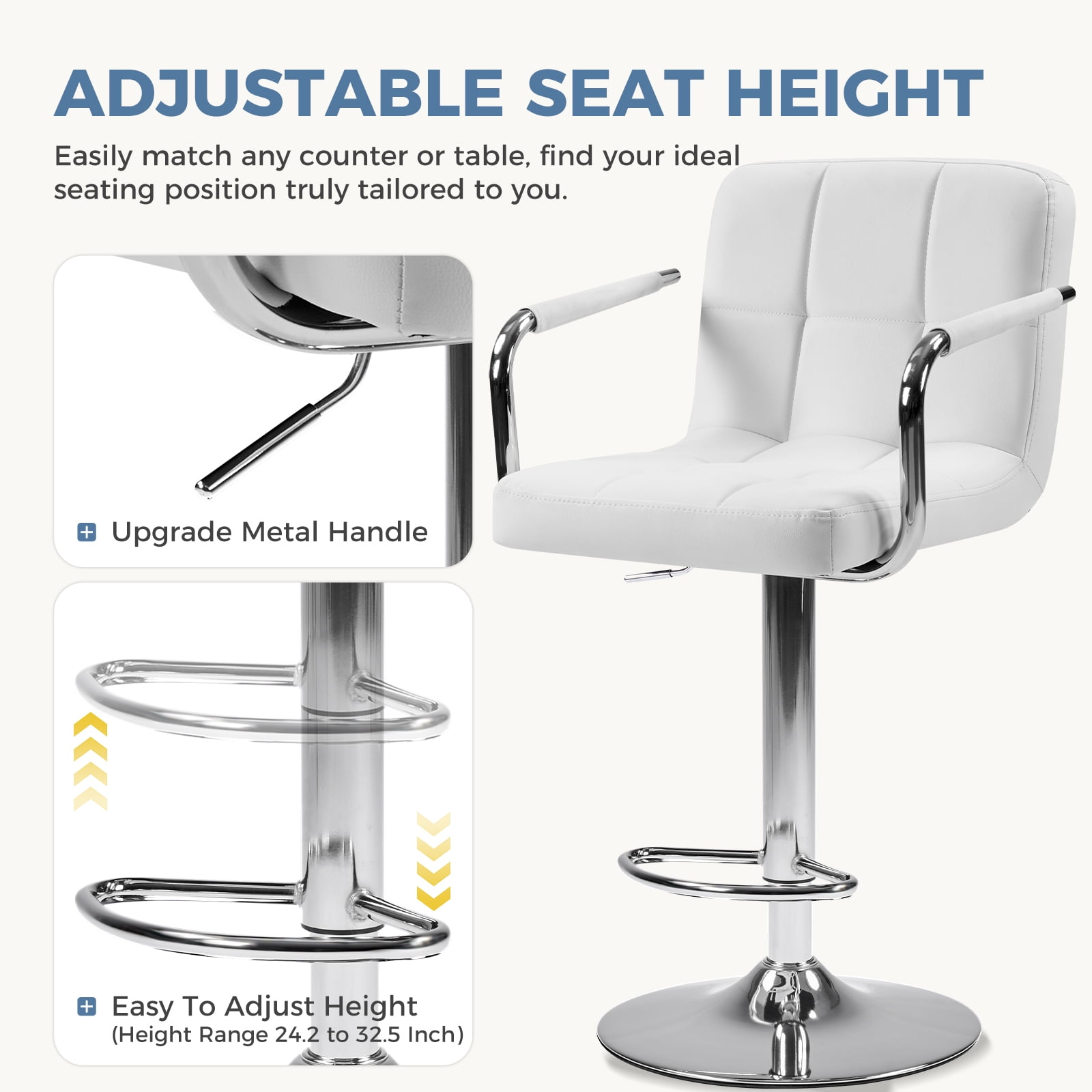 edx Bar Stools Set of 2 with PU Leather, Swivel High Back Bar Stools with Handles for Kitchen Island, White