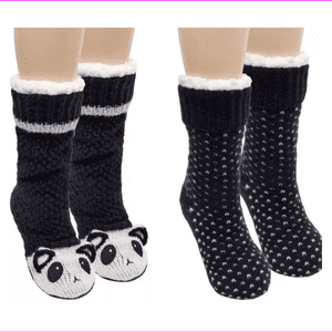 Jane and Bleecker 2 Pair Slipper Socks Black and White and Panda, medium