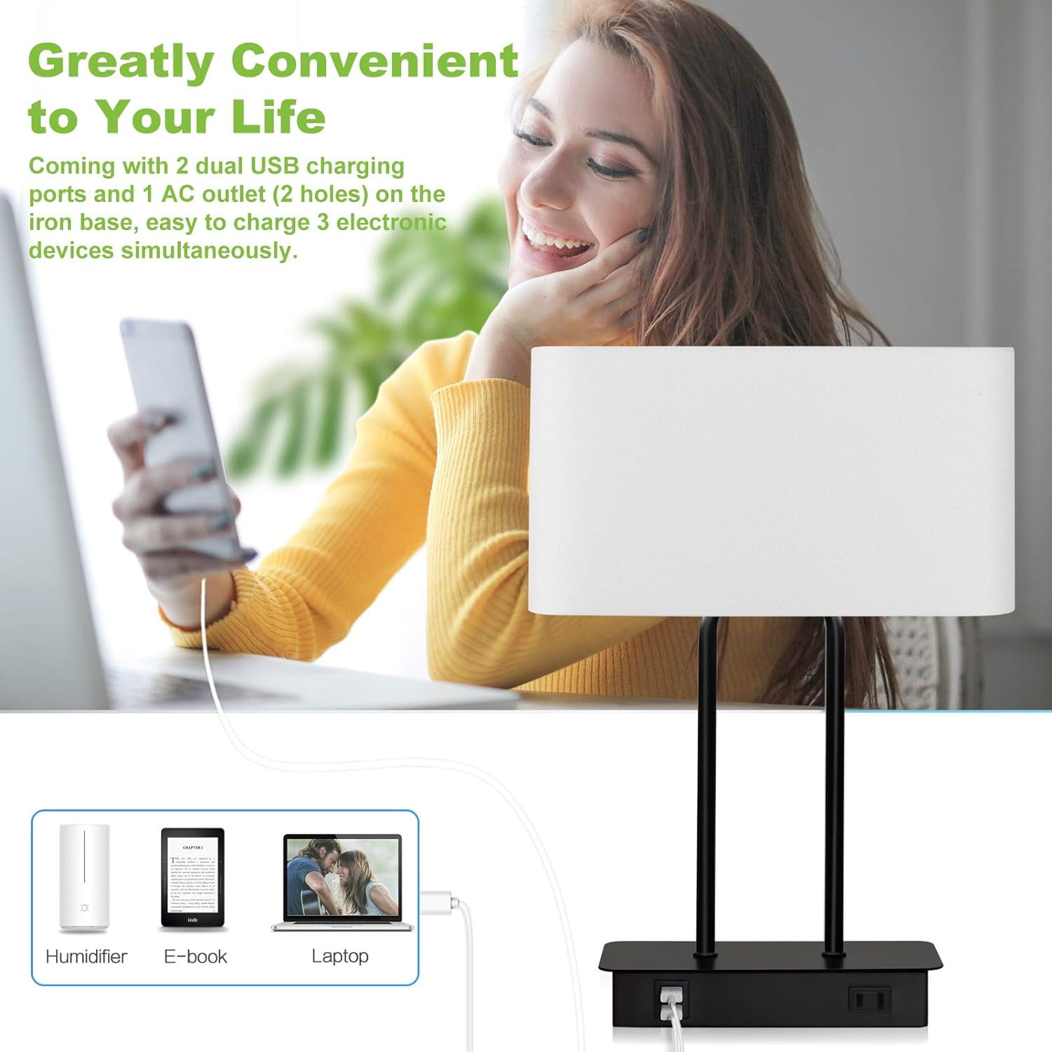 Nordic Hygge Bedside Touch Control Table Lamp with Dual USB Charging Ports 1 AC Outlet, 3 Way Dimmable Modern Nightstand Lamp