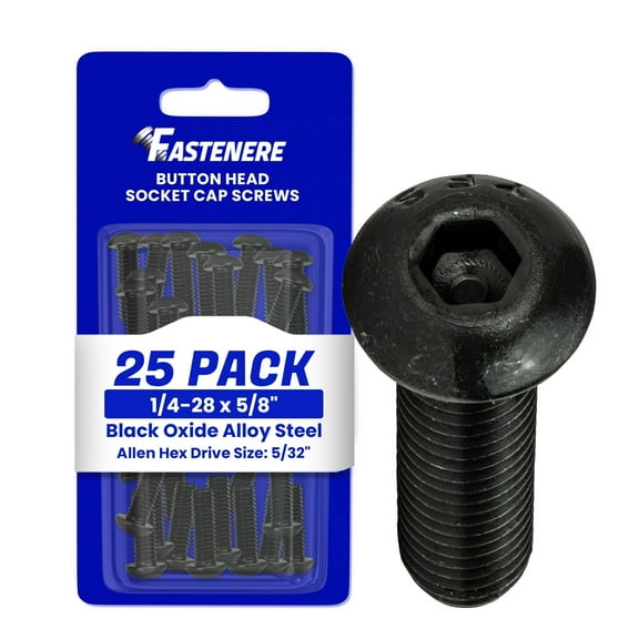 Fastenere Button Head Socket Cap Screws - 1/4-28 x 5/8" (25-Pcs) Alloy Steel, Fully Threaded, Fine Black Oxide Finish, Corrosion-Resistant, Machine Thread, Easy to Install w/ Allen Hex Drive