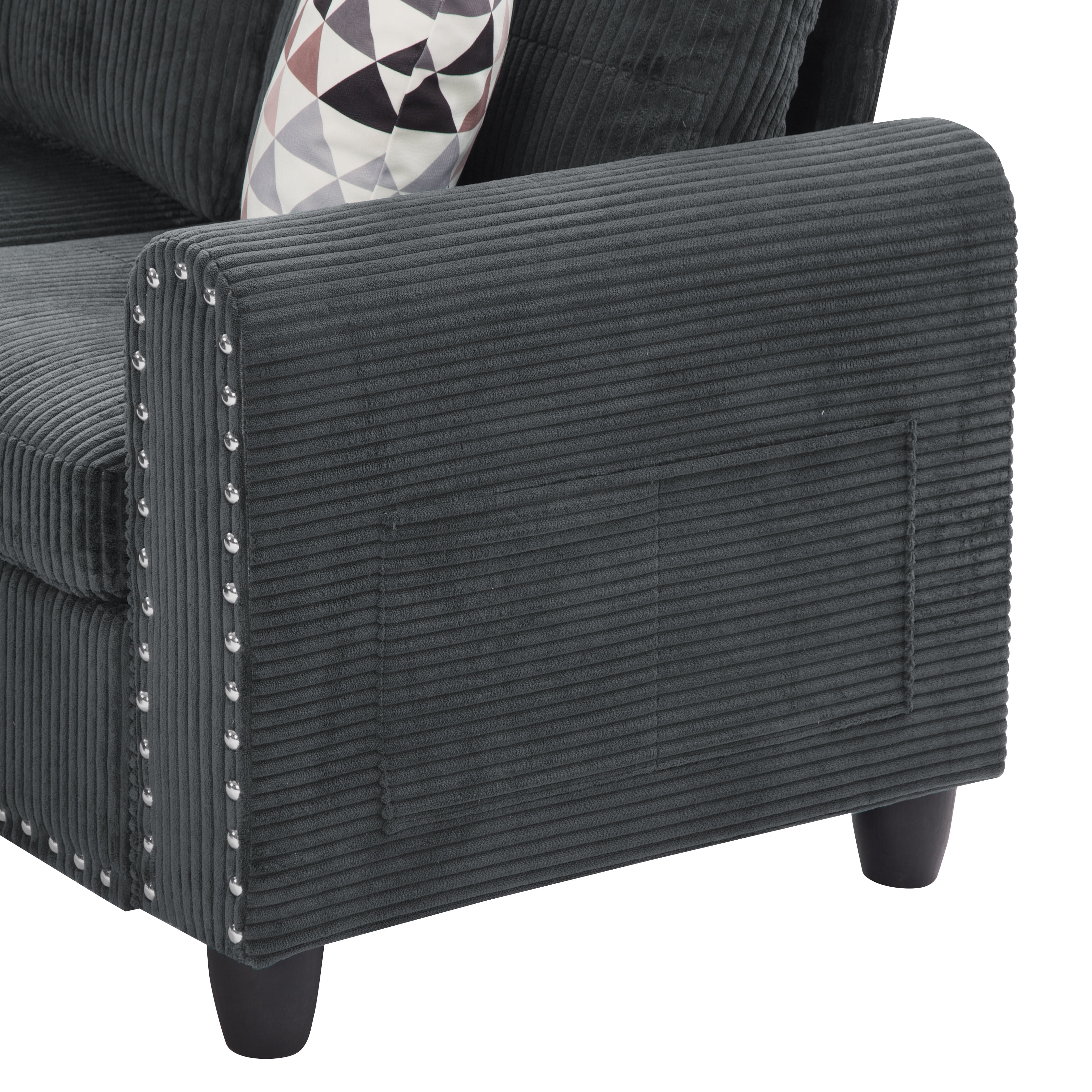 Gewnee 94.49”L‑Shaped Couch,Corduroy Modular Sectional Sofa with Storage Ottoman,Cup Holders,Nailhead Trim,6 Seat Sofa Couch with Pillows for Living Room,Office.Dark Grey