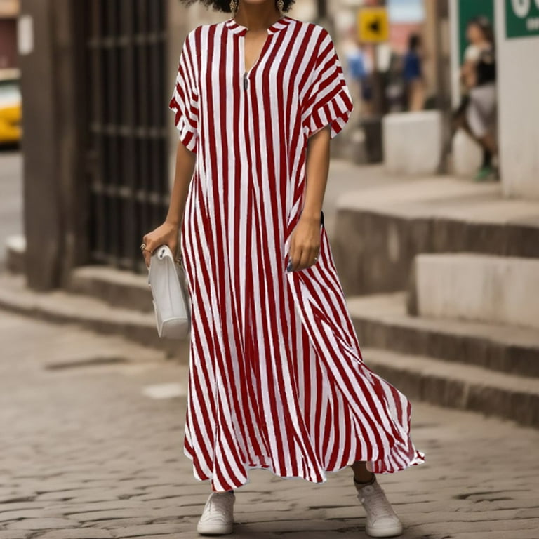 Summer Dresses Women s Fashionable Striped Open Front Short Sleeve Maxi Dress With Side Slit Elegant Dresses for Women Dress Casual Dresses Clor Red Size 3XL Walmart