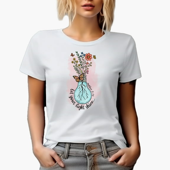 Let Your Light Shine, Matthew 5 16 with Watercolor Bulb & Flowers Art Merch Gift, White T-Shirt, Small