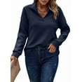 thumbnail image 2 of Womens Long Sleeve Quarter Zip Pullover Sweater Casual Loose V Neck Collared Ribbed Knit Jumper Tops Dark Blue L, 2 of 8