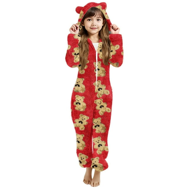 Pyjama à Manches Longues Imprimé à Capuche pour Filles, Pyjama d'Hiver Décontracté et Chaud