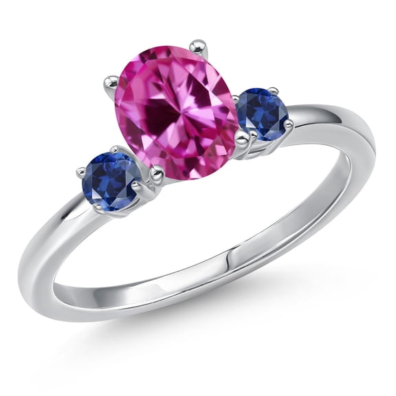 Gem Stone King 14K White Gold Pink Created Sapphire and Blue Created Sapphire Engagement Ring for Women | 1.93 Cttw | Oval 8X6MM | Gemstone September Birthstone | Size 6