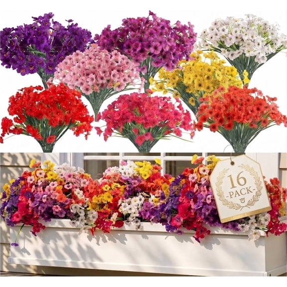 Artificial Flowers for Outdoors, 16 Bundles Faux Fake Flowers Plastic Floral Plants for Indoor Outdoor Garden Porch Window Box Home Decoration, Multicolor