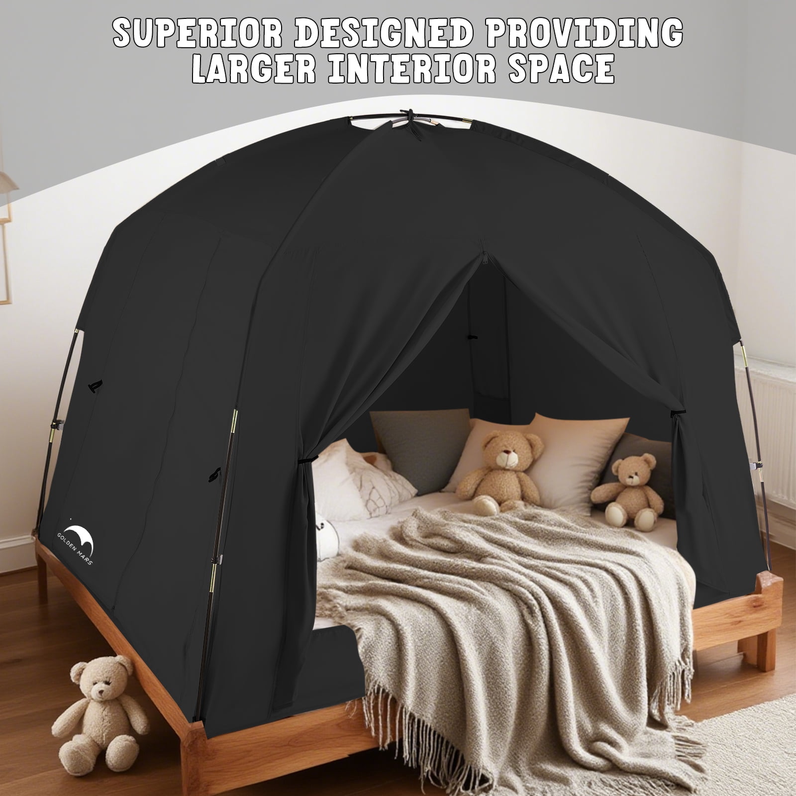 Bed Tents for Kids and Adult Portable 100% Breathable and 93% Blackout Toddler Dream Play Tent 3 Doors Big Privacy Sleep Canopy (Black, Queen-Size)