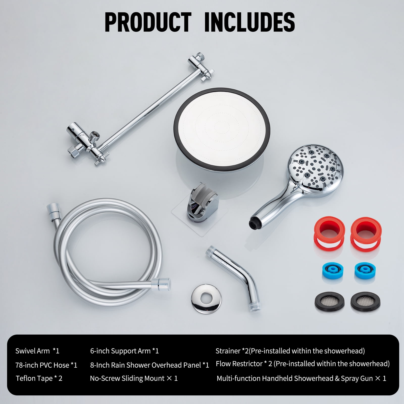 Joyrain 8-inch Rain Overhead Shower with Handheld High-pressure Shower Head, 8 Spray Modes, Rain Shower Combination with Adjustable Metal Extension arm, Adjustable Height and Angle for Whole Family