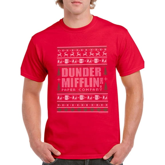 The Office Mens Graphic Tee Red - Dunder Mifflin Christmas Pattern 100% Cotton Classic Fit