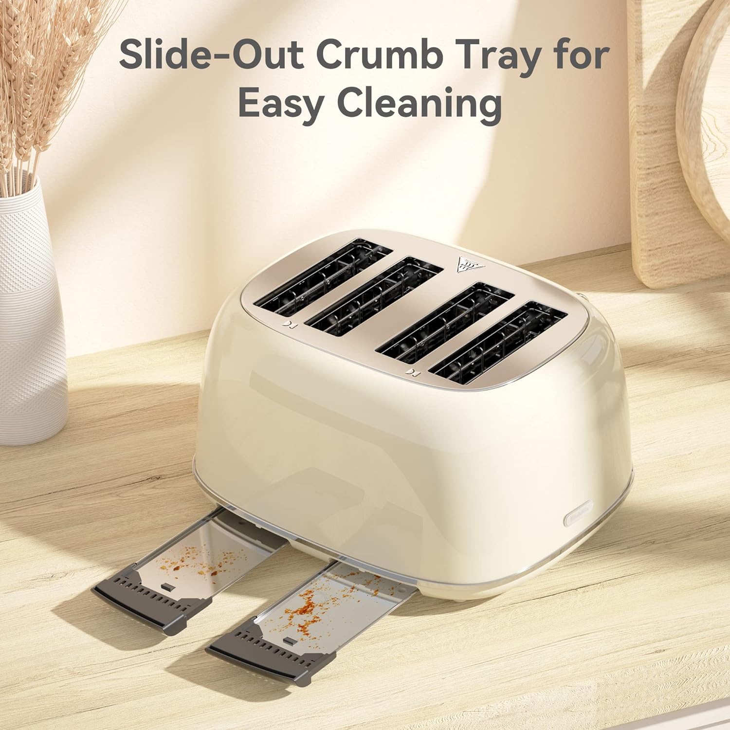 4-Slice Toaster with 6 Shade Browning Levels, 1.5'' Wide Slots, Dual Control Panels, and Removable Crumb Tray - Cream