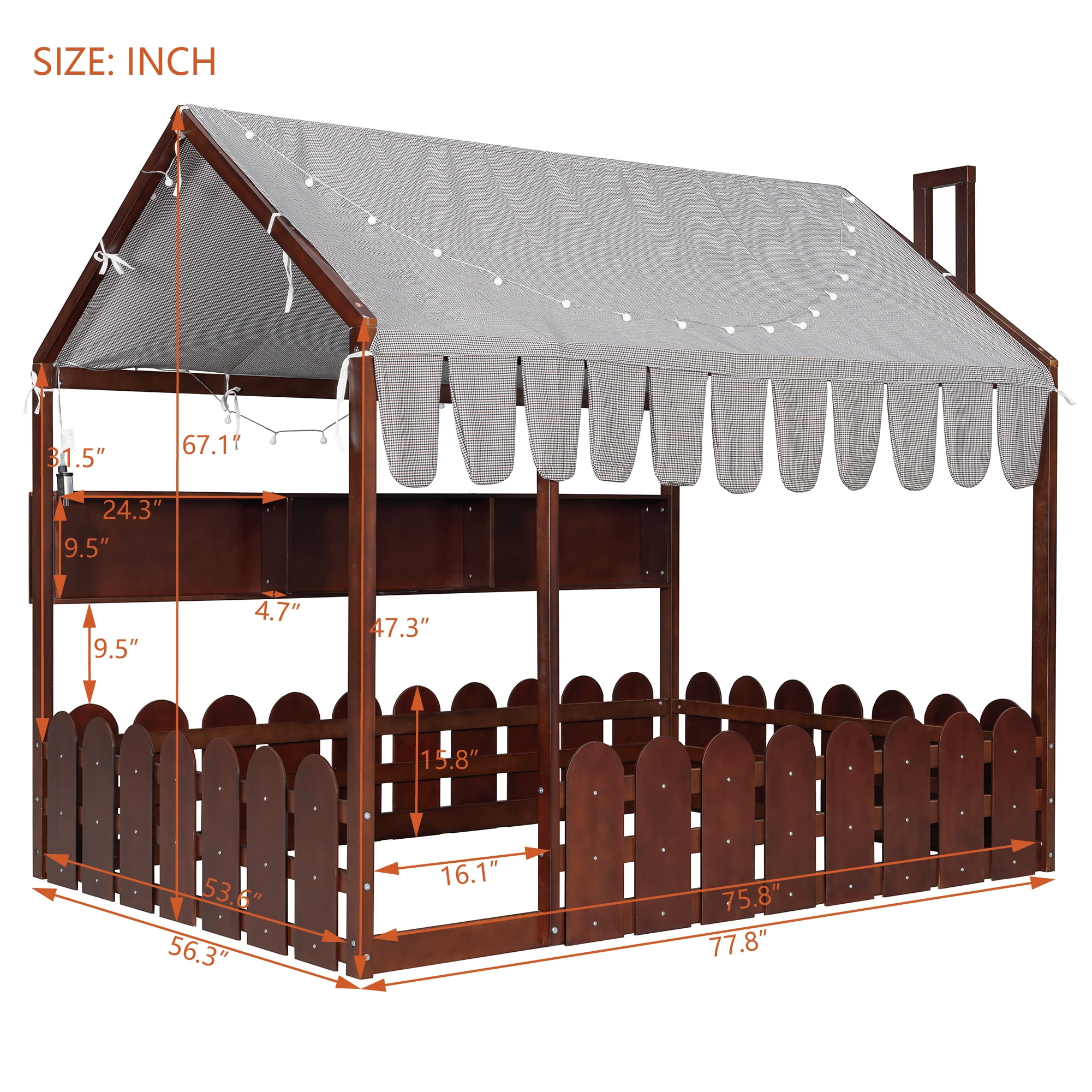 Aukfa Full Size House Bed with Fence and Tent for Kids, Wooden Montessori Bed with LED Lights & Storage Shelves for Toddler Boys and Girls Bedroom, Espresso