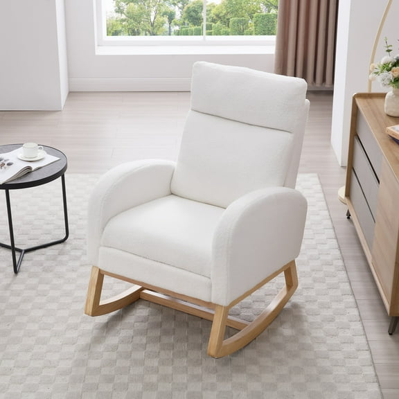 Upholstered Rocking Chair with Adjustable Footrest, Nursery Rocking Chair with High Backrest, Teddy Fabric Leisure Armchair with Storage Pocket for Living Room/Bedroom/Nursery, White