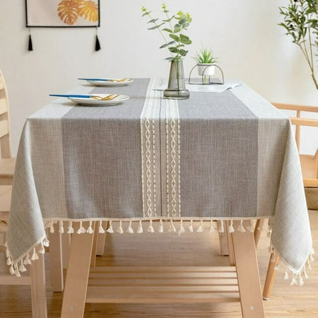 

Linen Tablecloth With Tassels Waterproof Oilproof Tea Striped Table Cloth Thick Rectangular Wedding Dining Table Cover