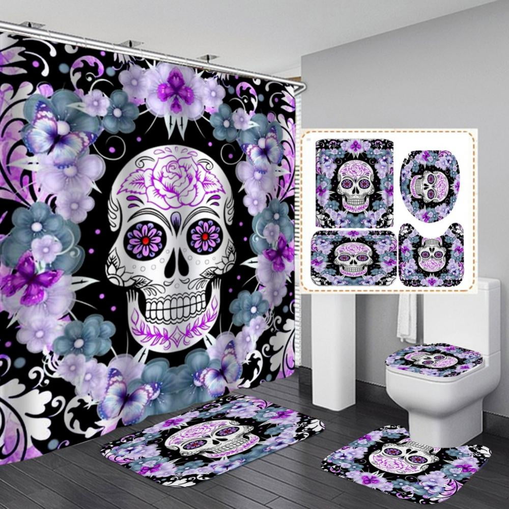 Skull Flower Bathroom Fabric Waterproof Shower Curtain Liner Bath Mat Rugs Set 