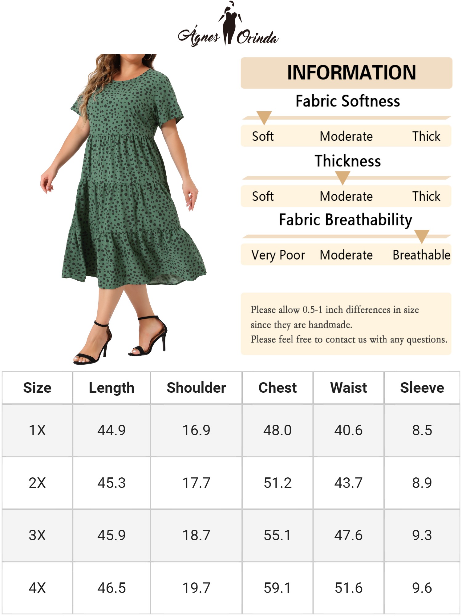 DARING DIVA Plus Size Tiered Polka Dots Midi Short Sleeve Babydoll Dress 1X Dark Green