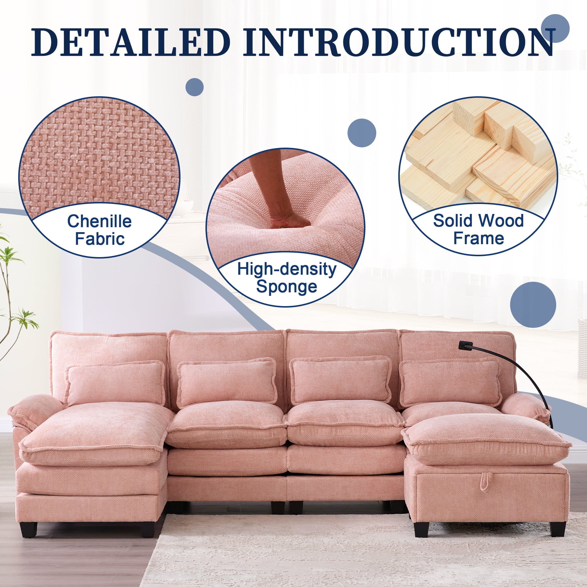 MOONMISS Chenille Upholstered Oversized U-shaped Comfy Modular Sectional Sofa with Storage Ottoman-Pink