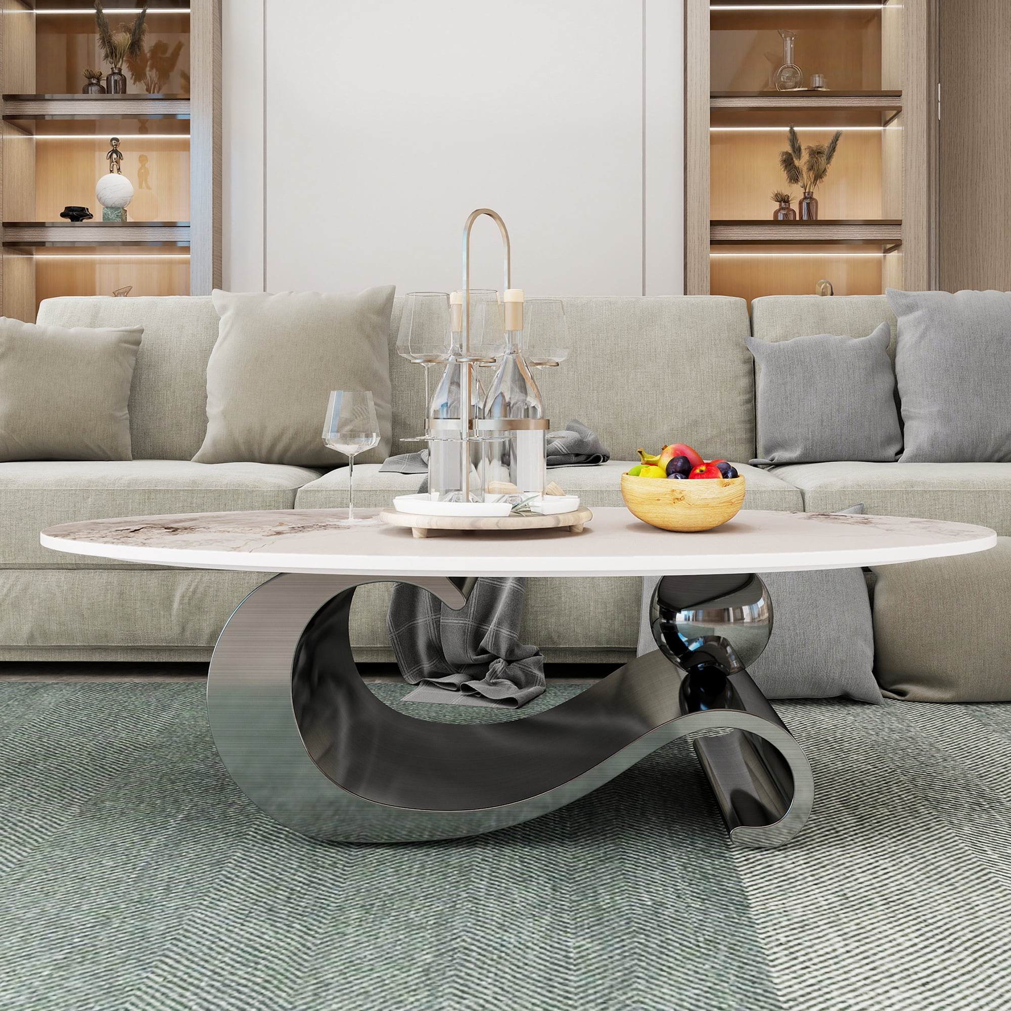 HIUU White Marble Coffee Table for Living Room,Oval Coffee Table with Grey Stainless Steel Base for Living Room