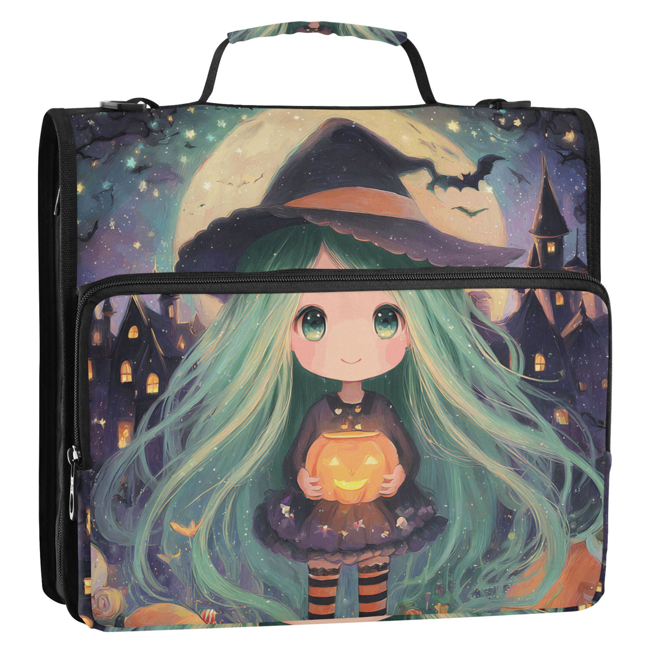 3 Ring Zipper Binder with Shoulder Strap Waterproof Trapper Keeper 2 Inch D-Ring 500 Sheets Capacity Cute Witch Hold Halloween Pumpkins