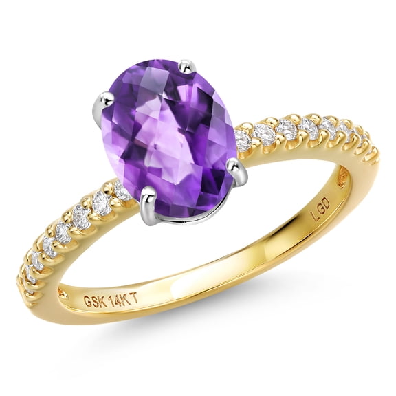 Gem Stone King 14K Two Tone Gold Purple Amethyst and Lab Grown Diamond Engagement Ring for Women | 1.66 Cttw | Oval Checkerboard 9X7MM | Gemstone February Birthstone | Size 5
