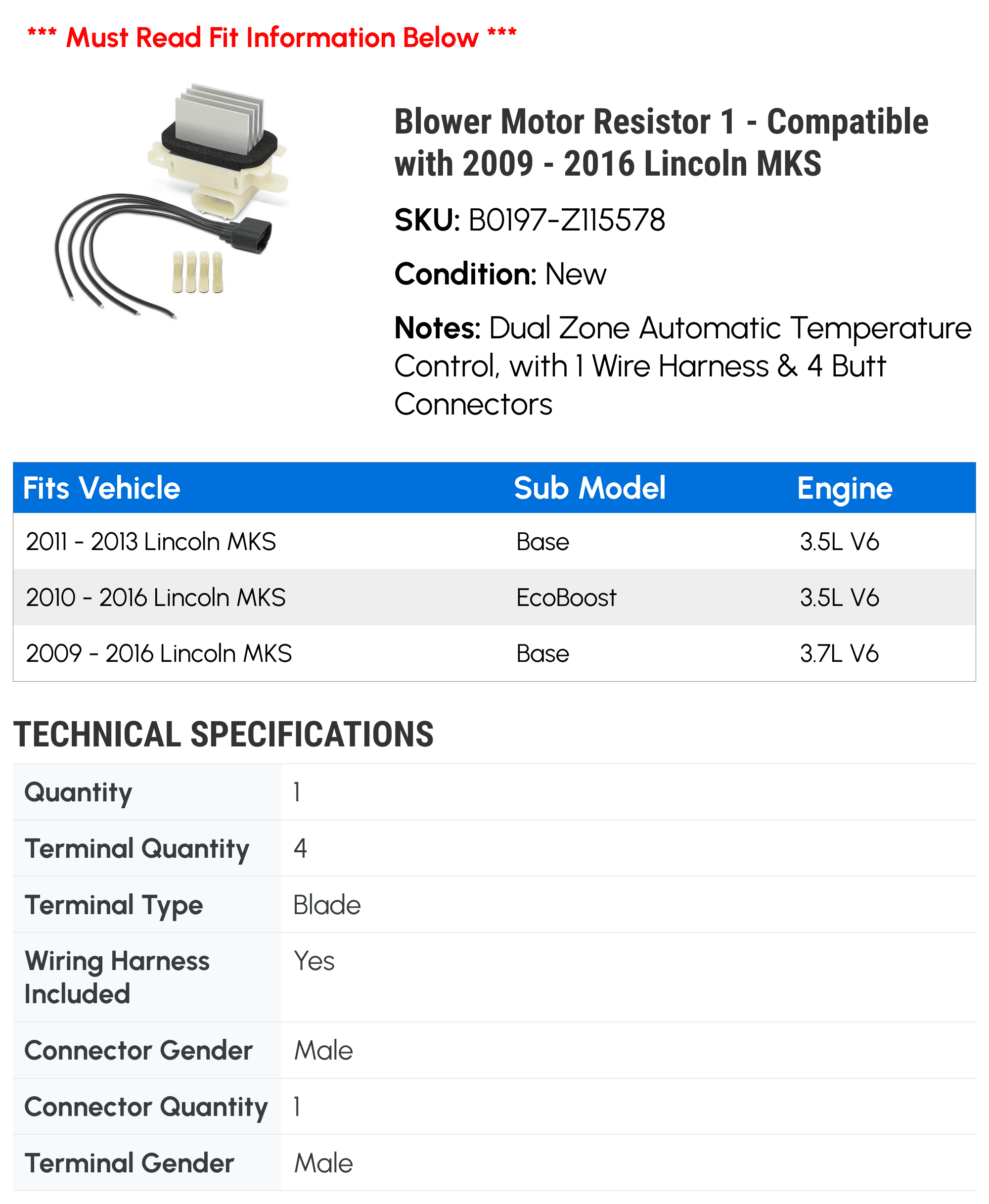 Blower Motor Resistor 1 - Compatible with 2009 - 2016 Lincoln MKS 2010 2011 2012 2013 2014 2015