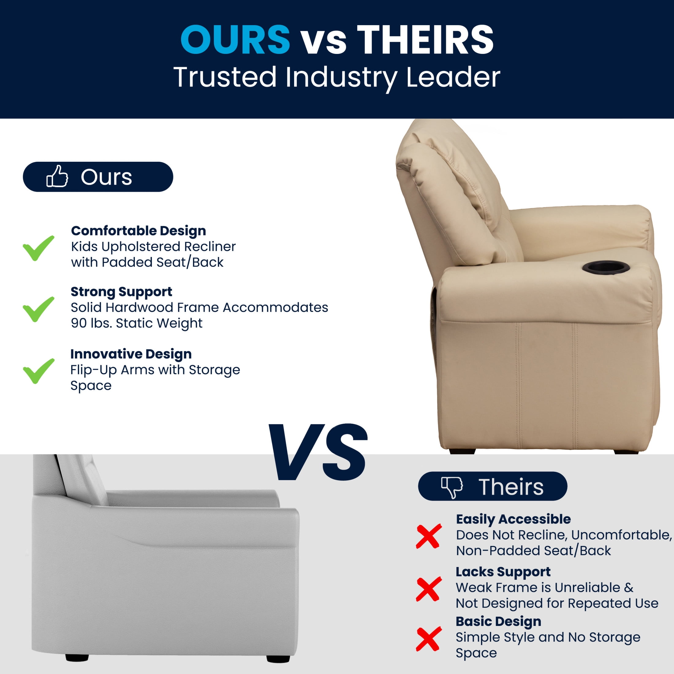 Flash Furniture Vana Contemporary Beige Vinyl Kids Recliner with Cup Holder and Headrest