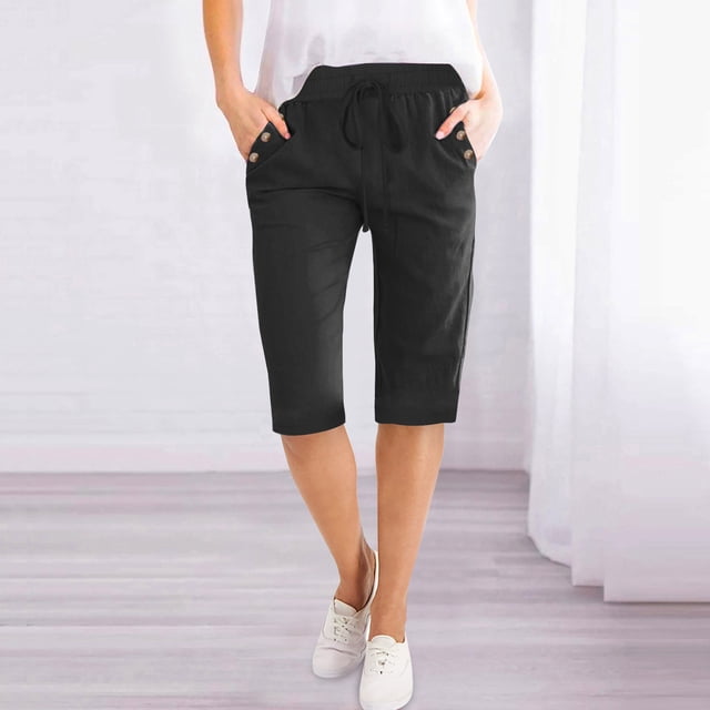 Summer Saving!Linen Capris for Women 2024,Women Linen Bermuda Shorts Pull On,Capris Shorts for Women Plus Size Jogger,Fashion Womens Casual Solid Waist Elastic Loose Half Shorts Pants with Pocket